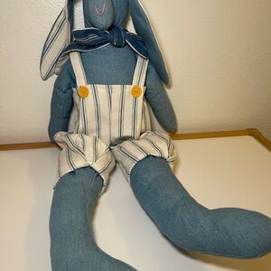Vintage  24” Cloth Stuffed Rabbit Doll In Denim Overalls Long Floppy Ears